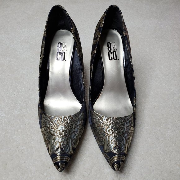 9 & CO. Black/Gold Women Embroidered Heels SZ 8M - Picture 3 of 8